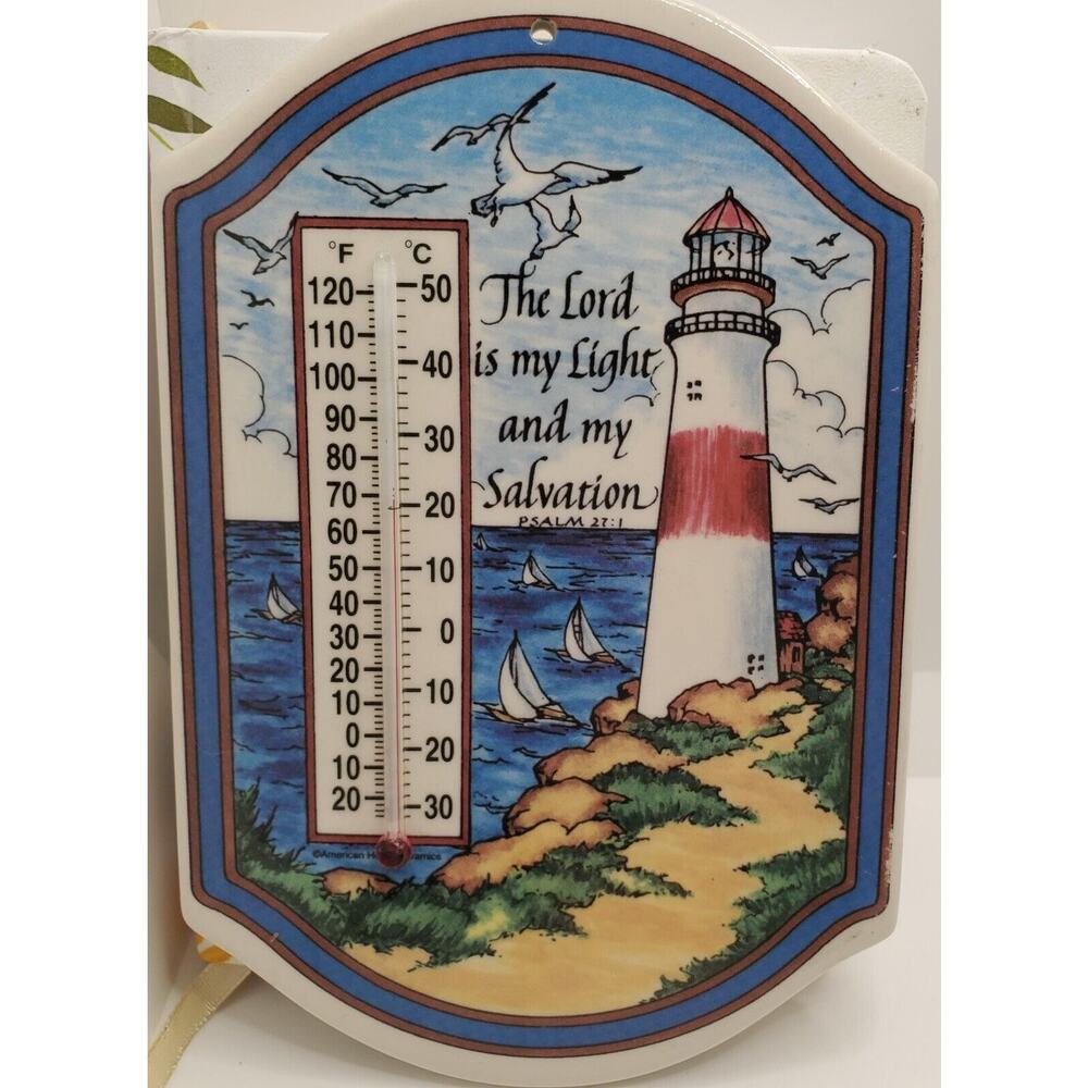 Thermometer Ceramic Nautical Lighthouse Hand Painted Coastal Psalms 27:1
